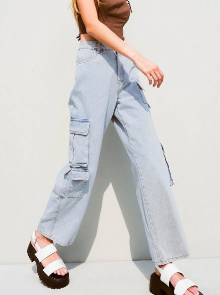 straight leg cargo jeans in blue