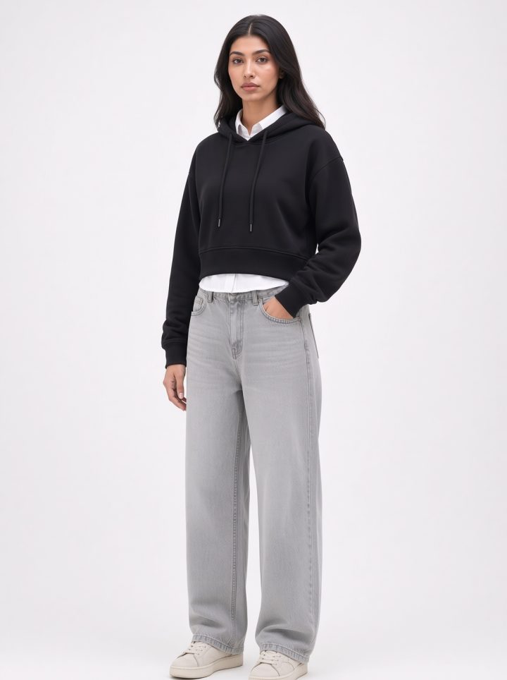 Baggy Wide-Leg Jeans, Light Grey Mid-Rise