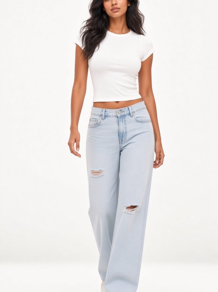 Wide-Leg Ripped Jeans – Light Blue